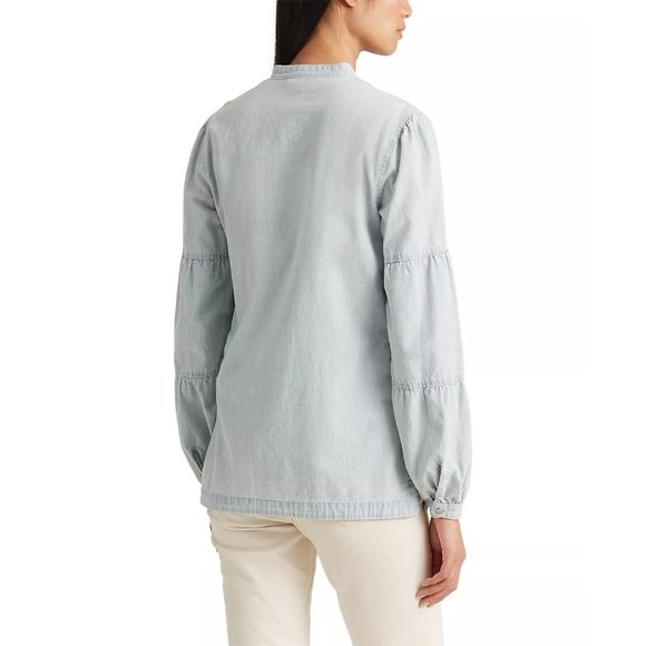 LAUREN RALPH LAUREN Chambray V-Neck Top - Vintage Chambray Wash - Medium Petite - Picture 2 of 4